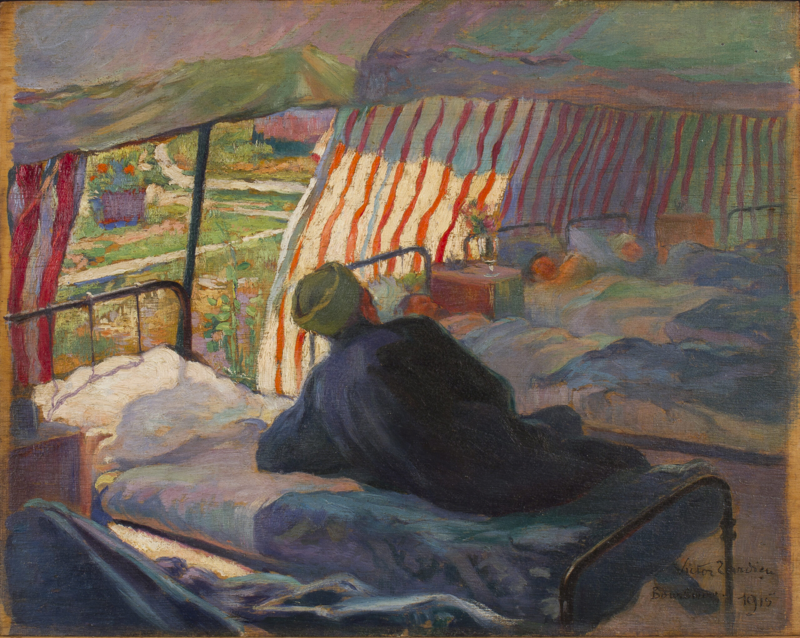 oil painting of a man with his back to the artist sitting on a bed in a field hospital