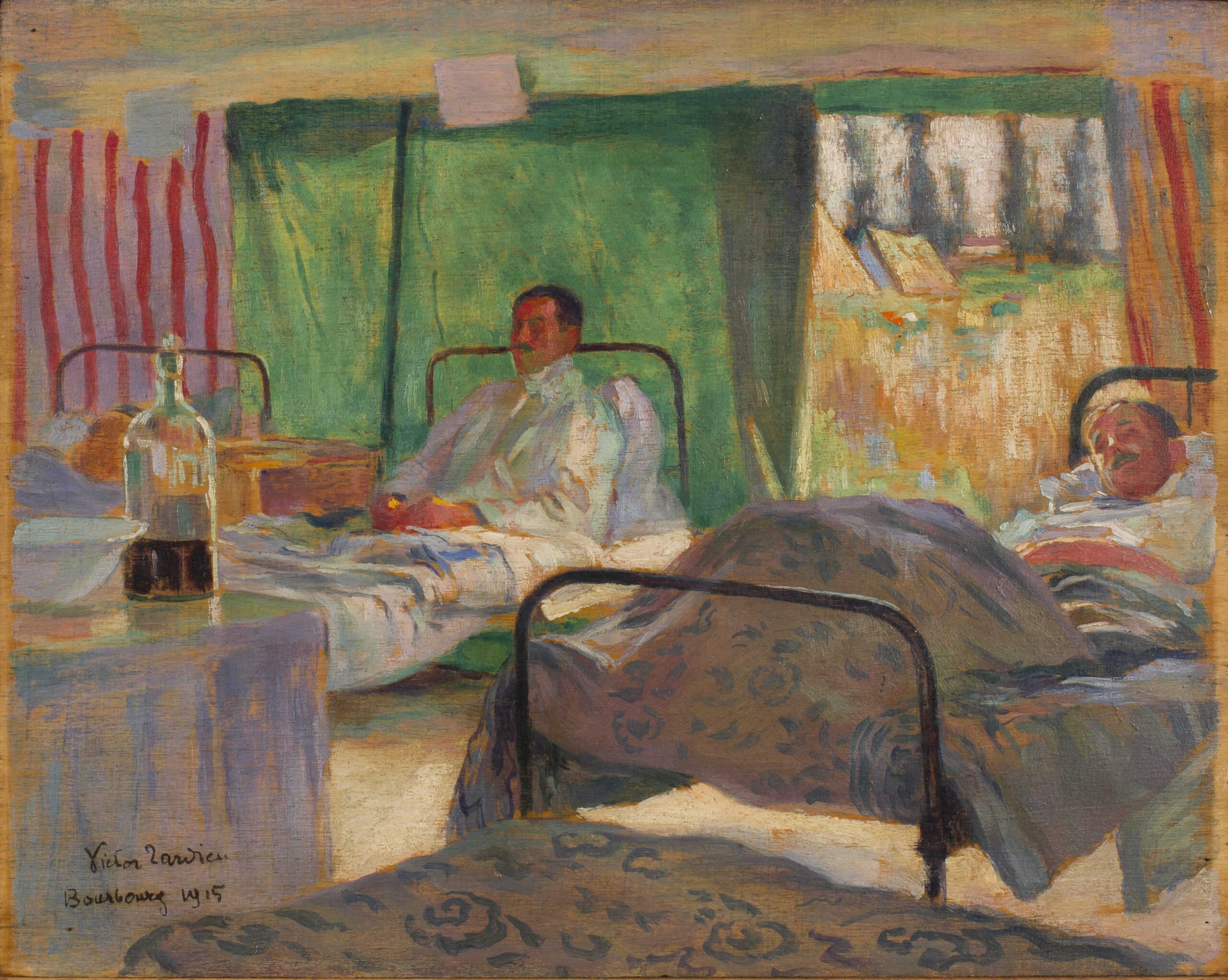 painting of two hospital beds in a field hospital. A man is sat up in the left bed and a man is lying down in the right bed.