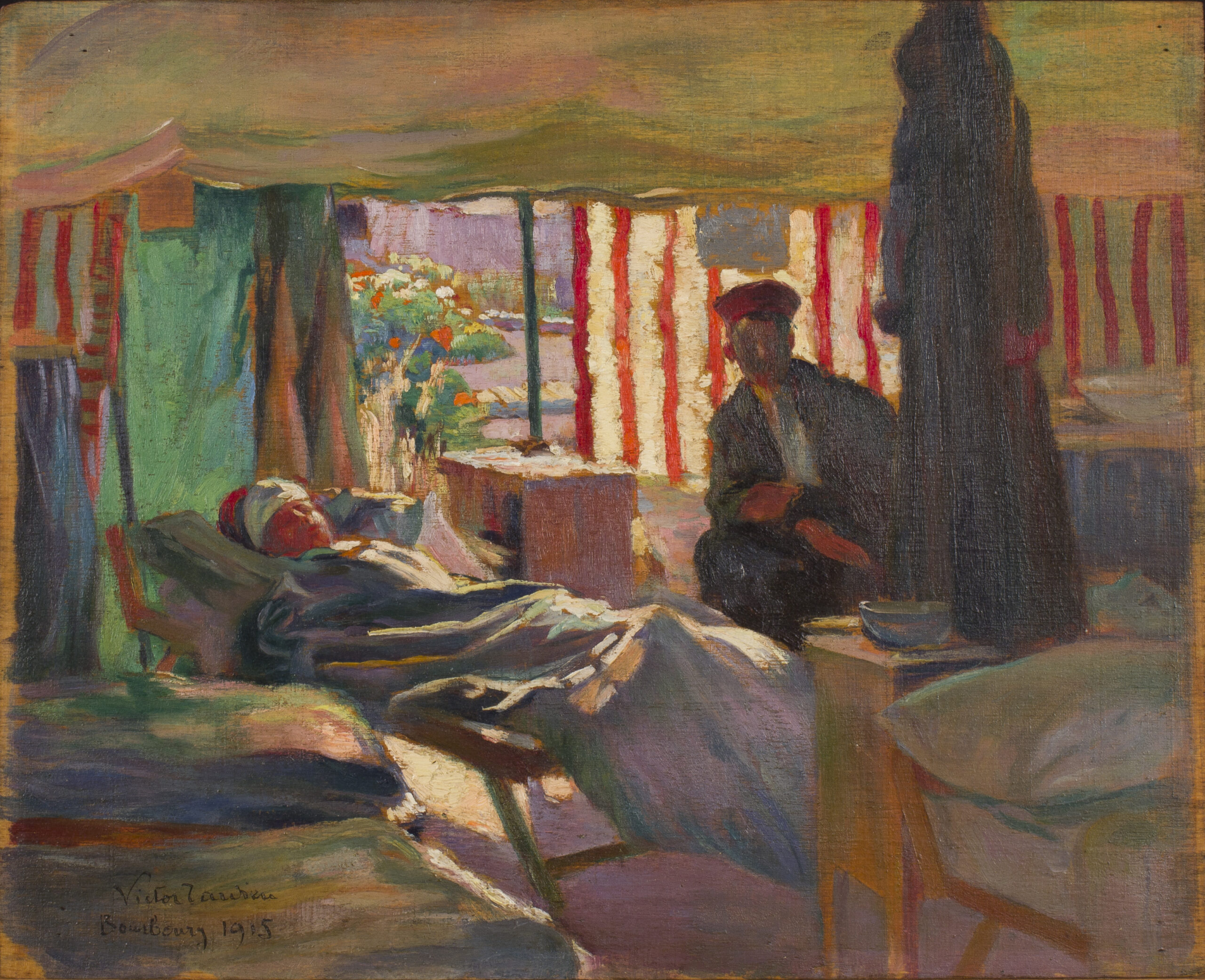 painting of a hospital field tent. A man is lying on a bed with his head bandaged. Another man is sat to the right of the bed.