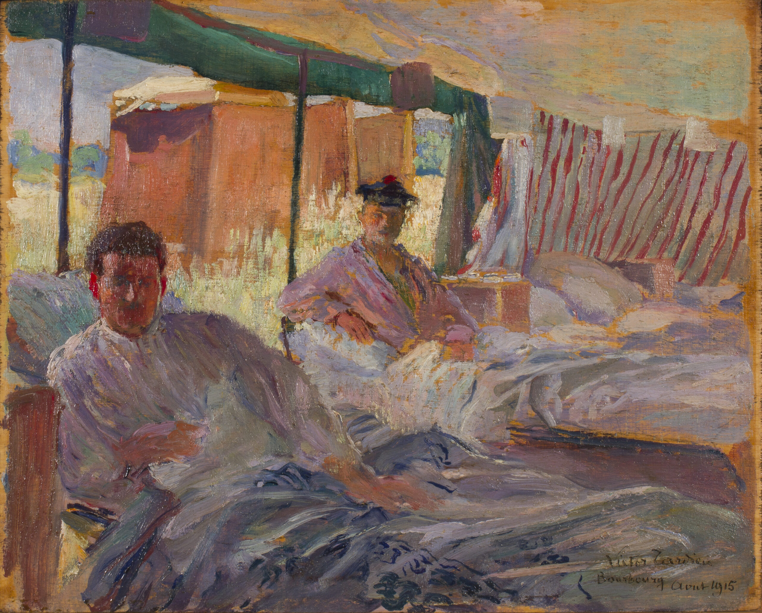 painting of a field hospital. Two men are sat in hospital beds looking toward the artist.