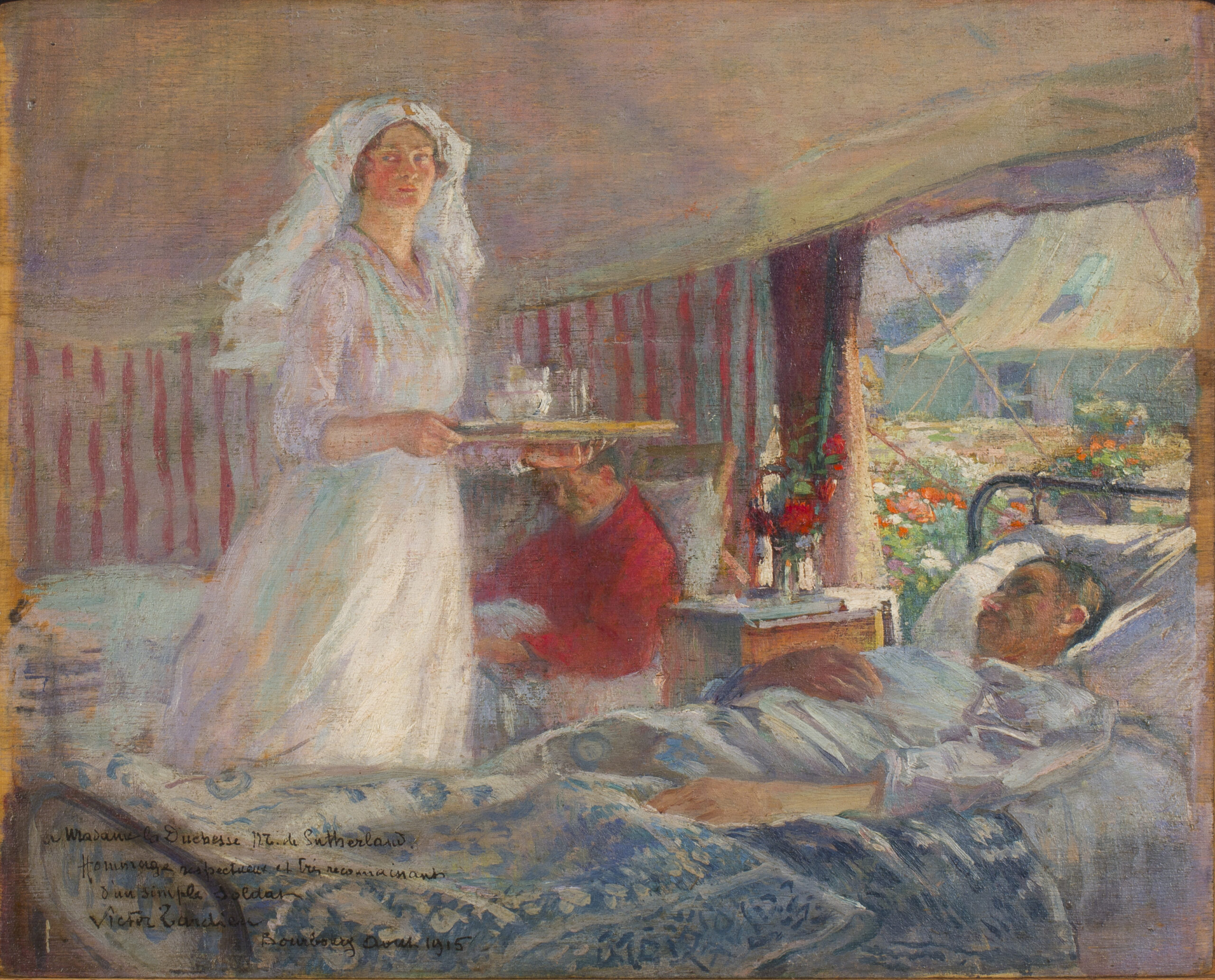 painting of a field hospital. A woman in a white nurses uniform holds a tray with a glass on and stands between two beds with men lying in them.
