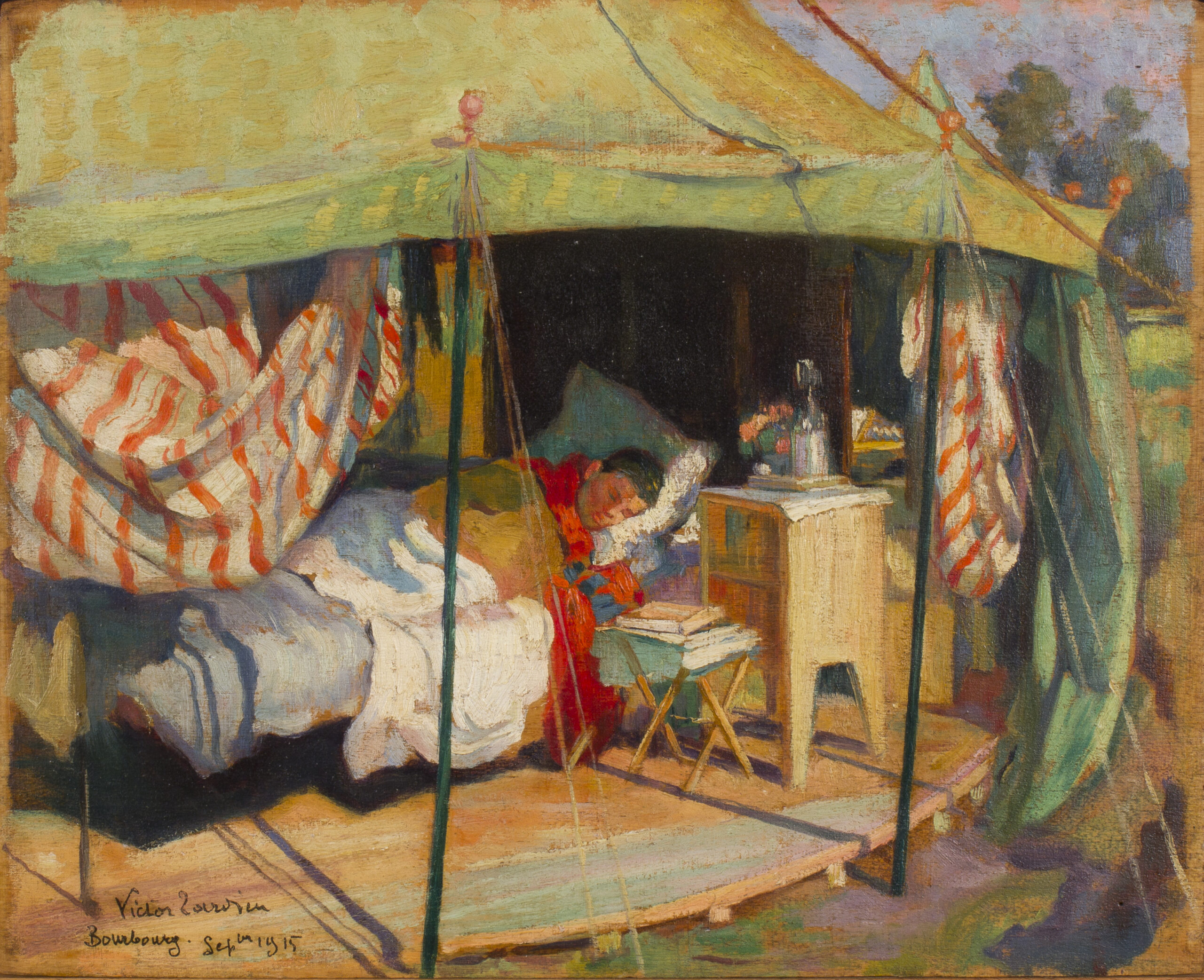 painting of a hospital from the exterior looking in. The roof is green and two wooden poles hold up the tent. Inside a man is lying on a bed wearing a red jacket.