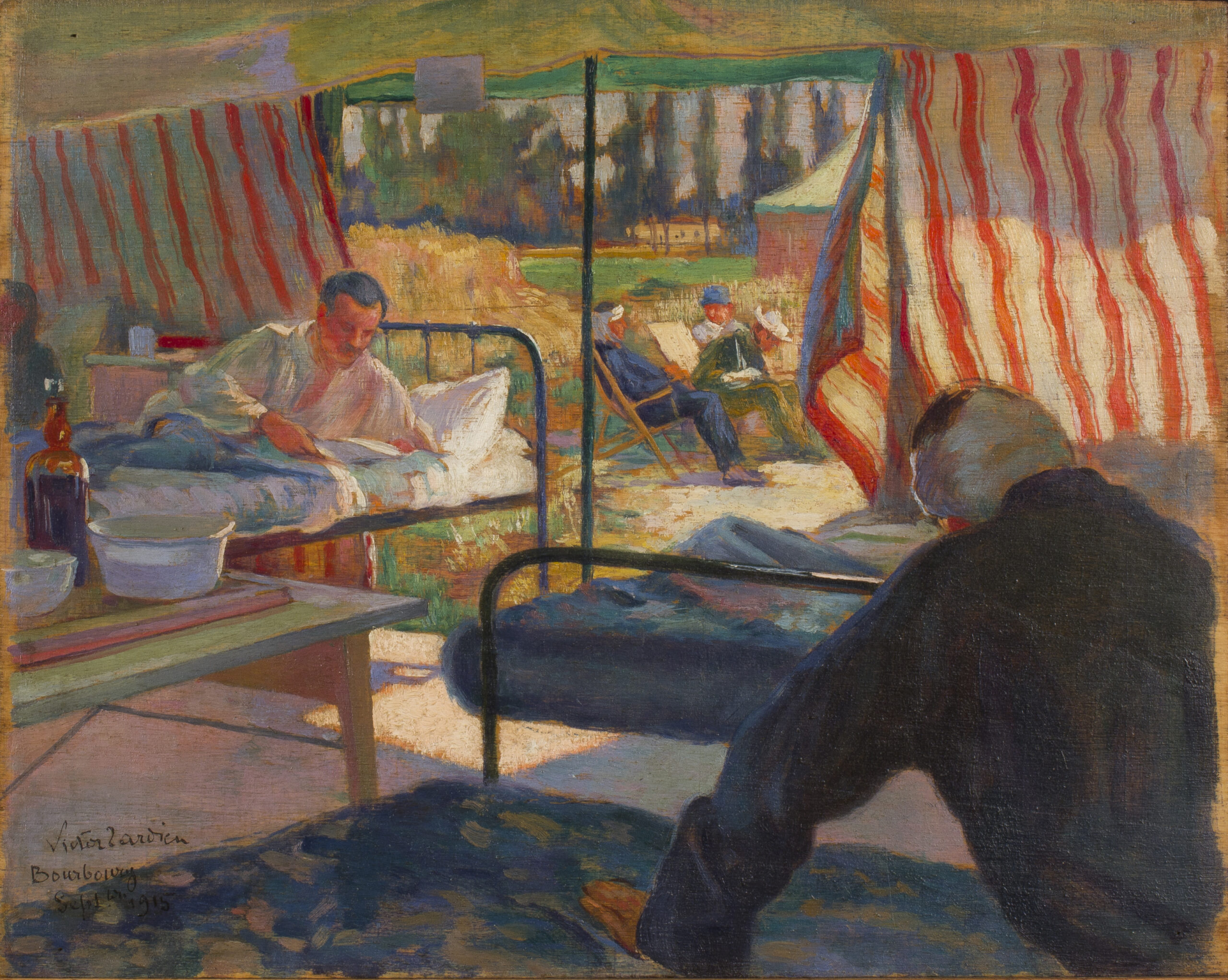 painting of a hospital tent, looking across three beds with patients. Outside of the tent there is a wheat field and men sat in deckchairs.