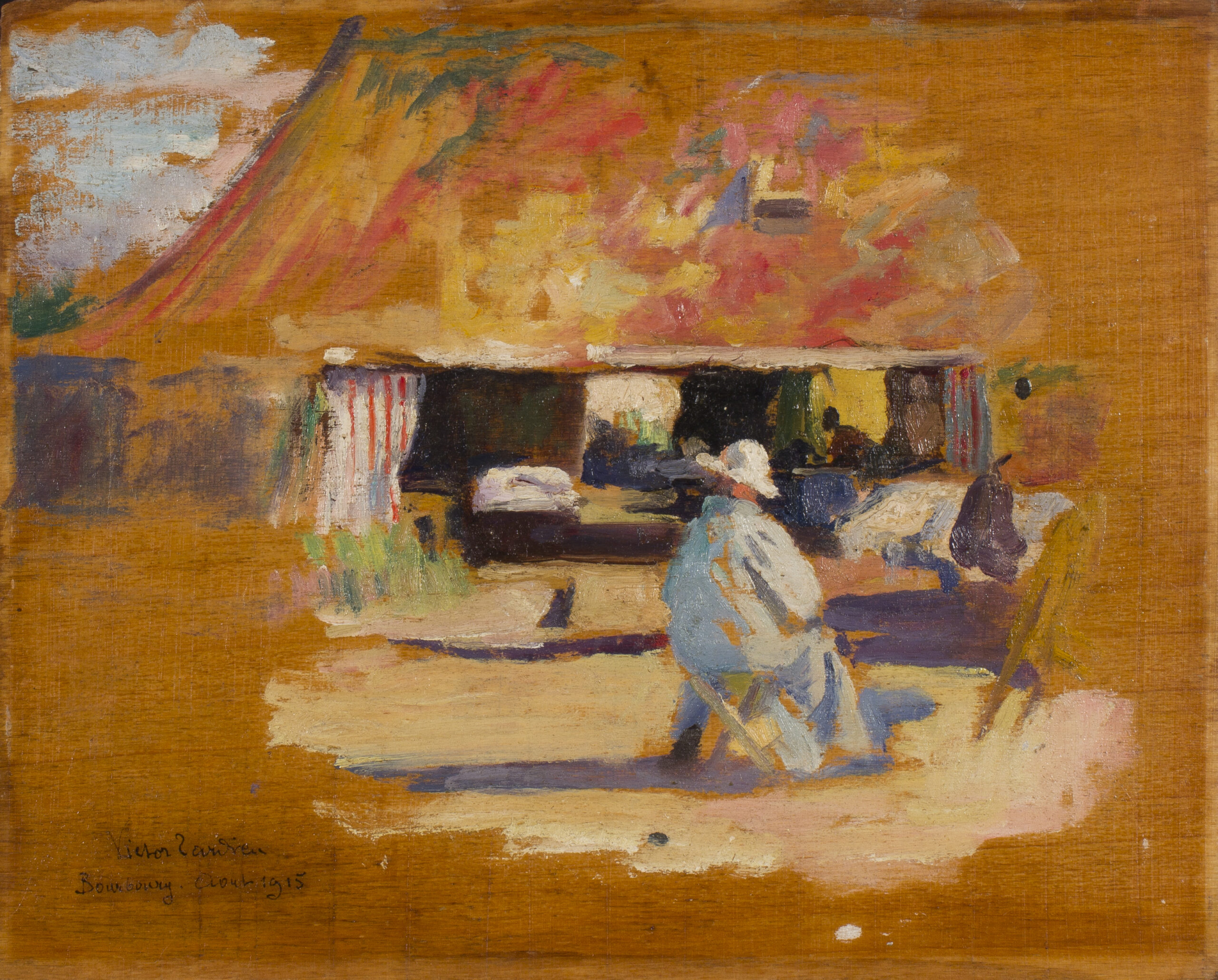 an unfinished painting of a hospital tent in the background. In the foreground a man is sat on a stool painting the view of the tent