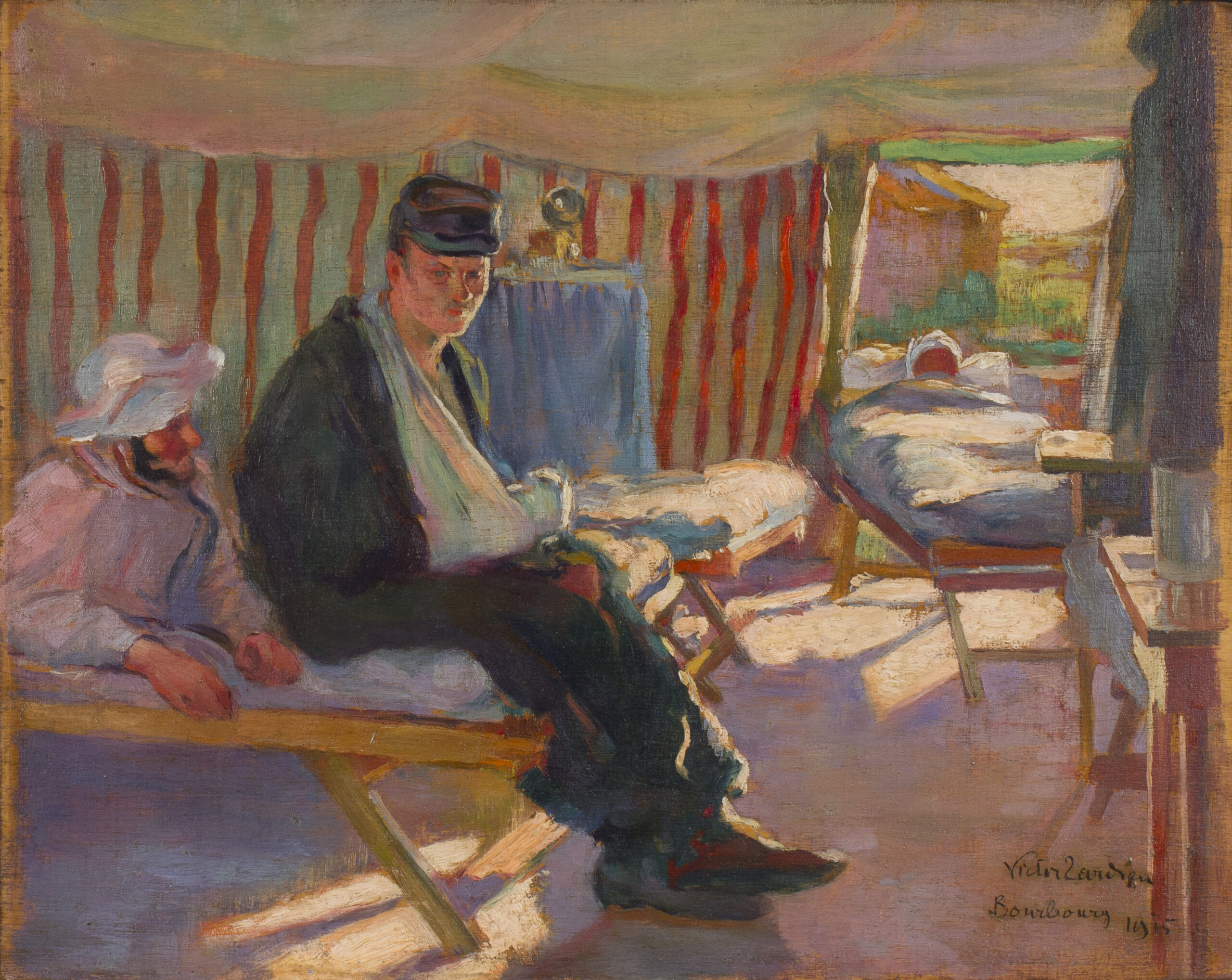 painting of a hospital tent, with a man sat on the edge of a bed looking towards to viewer. The man has his arm in a bandage.