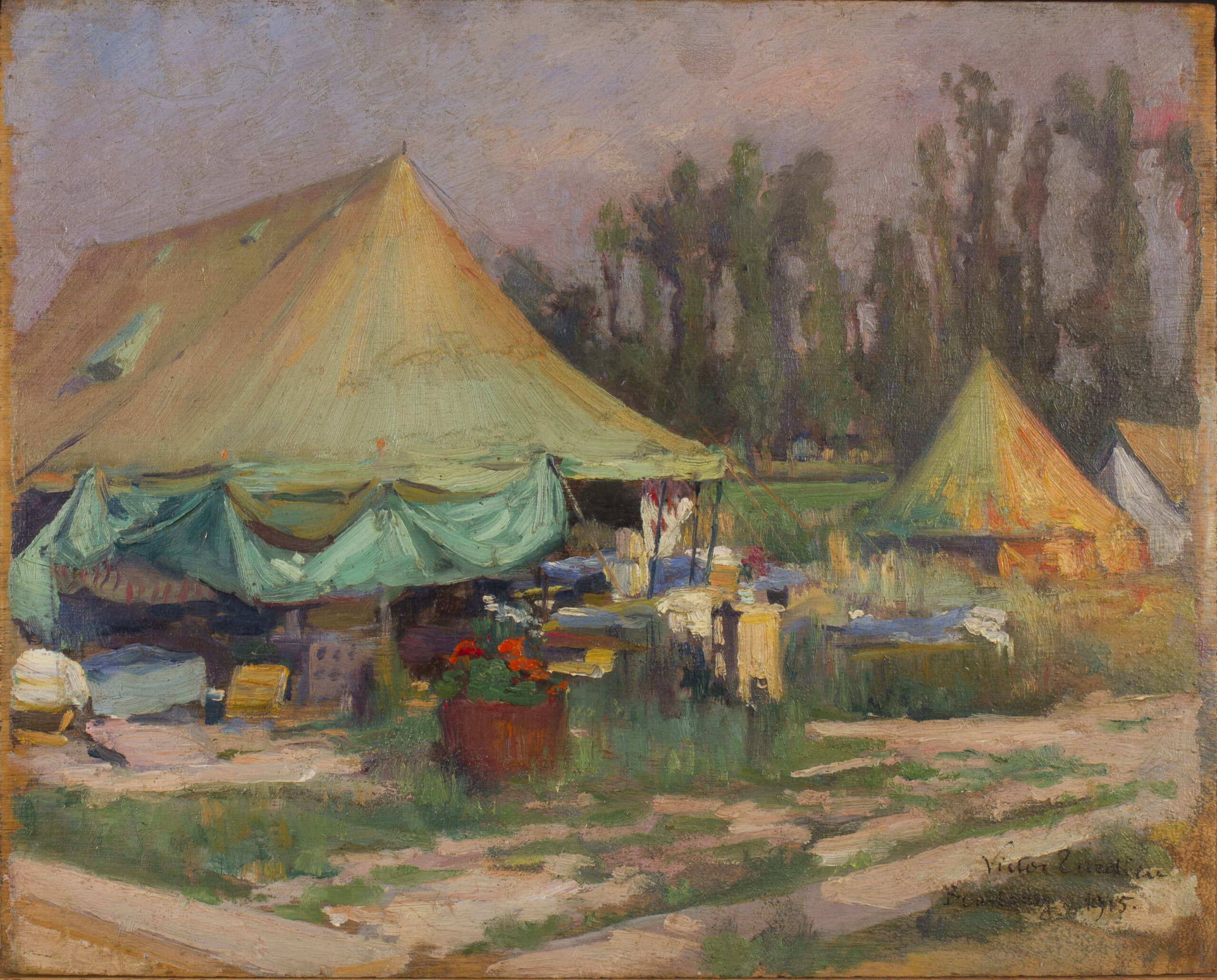 painting of two tents in a field. In the background there is a line of trees. Sitting outside of the tent is lots of boxes and a large flowerpot with red flowers.