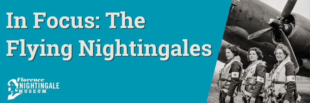 Banner with a blue background featuring the exhibition title and a black and white image of three women in RAF uniforms.