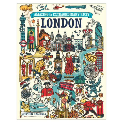 Book cover for a London fact book, features cartoon images of key London landmarks
