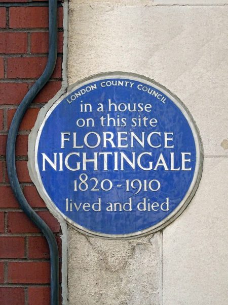 Blue Plaque Wikimedia Commons spudgun67 Blue plaque commemorating Florence Nightingale's former residence. The inscription reads: 'in a house on this site Florence Nightingale (1820-1910) lived and died.'