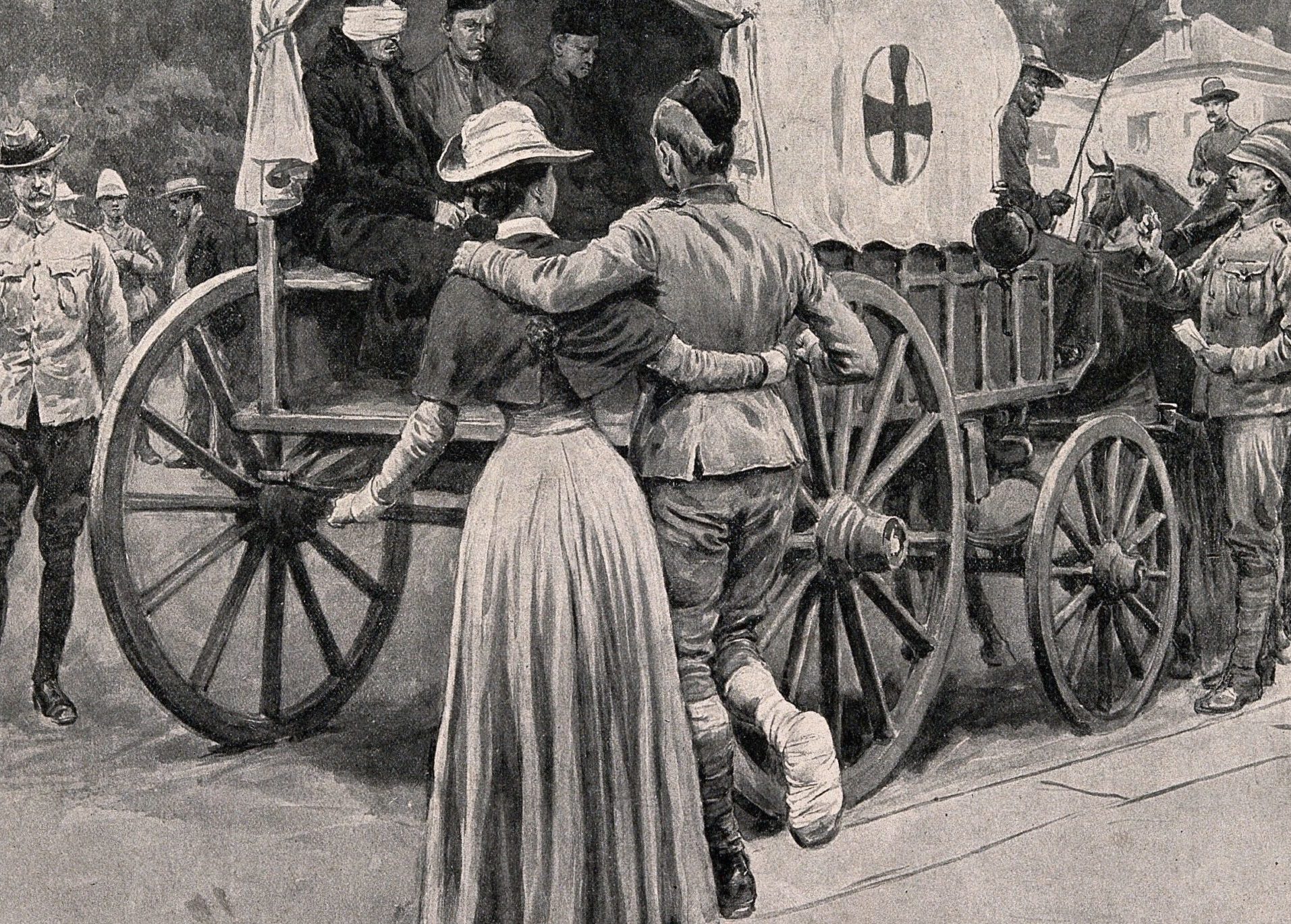 Boer War nurse leading a patient to an ambulance cart