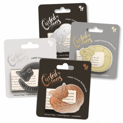 4 metal animal bookmarks, a cat, an owl, a dog and a mouse, all look like they are cuddled around the corner of a page