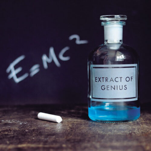 Card with potion bottle and chalk, Extract of Genius