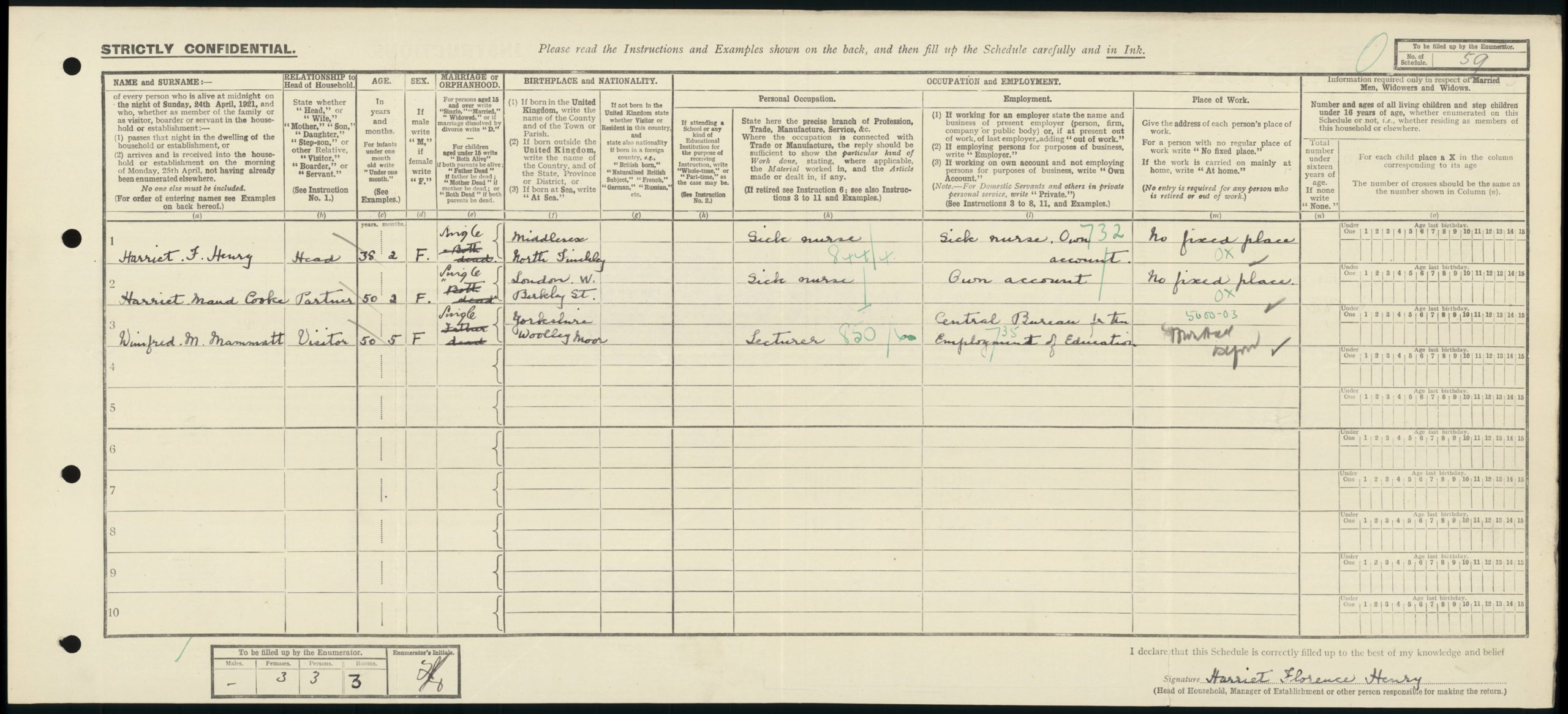 GBC_1921_RG15_07451_0125 1921 census record showing Harriet Henry and Harriet Cooke listed as partners