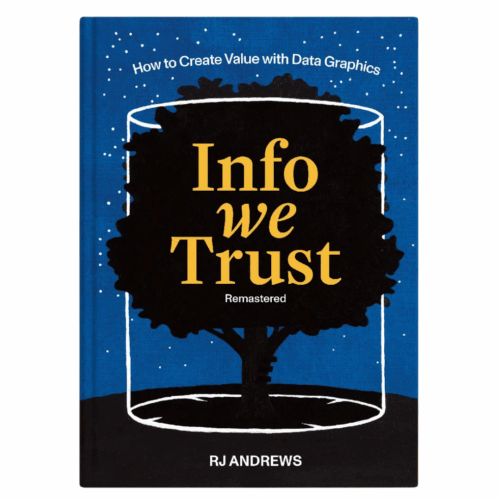 Book cover for 'Info We Trust' a blue cover with black silhouette of a tree