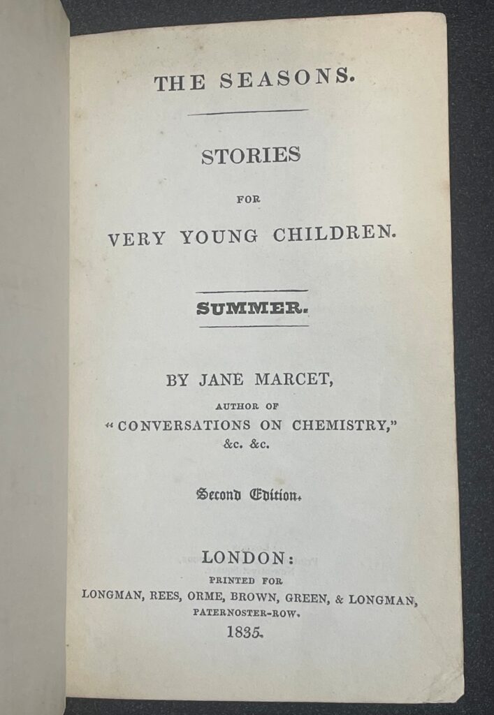 The first page of a book, contains the printed title followed by author name 'Jane Marcet' and publisher details