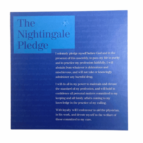 blue square gift card with the Nightingale Pledge on the front