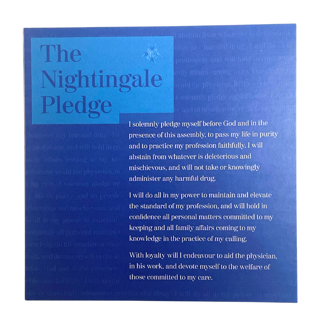 blue square gift card with the Nightingale Pledge on the front