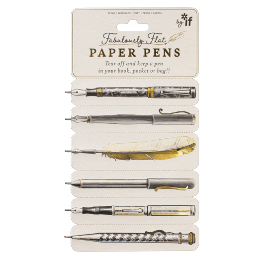 Product image: 6 flat paper pens, all have images of ornate pens printed on them