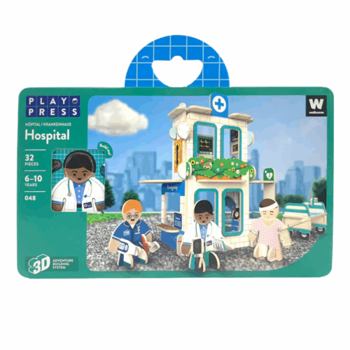 play press children's play set, a cardboard flat packet including flat packed cardboard pieces to build a hospital play set