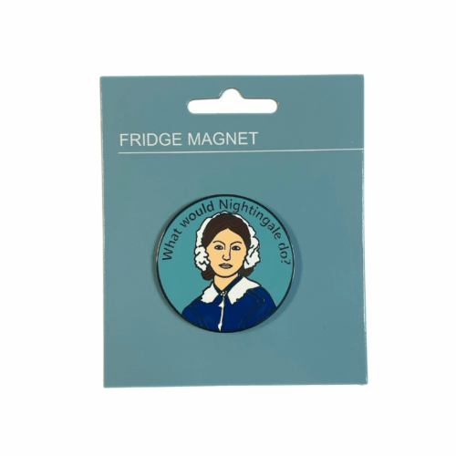 round metal magnet with cartoon of Nightingale and text 'What Would Nightingale Do?'