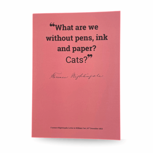 a pink notebook with the quote 'What are we without pens, ink and paper? Cats?' and Nightingale's signature