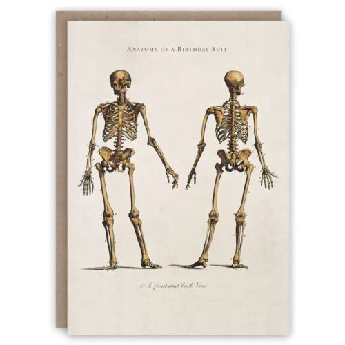 Card with skeletons, Anatomy of a Birthday Suit
