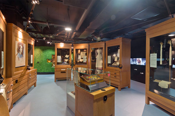 Inside the Museum gallery. Empty of visitors, wooden glass-fronted cases display various collection objects.
